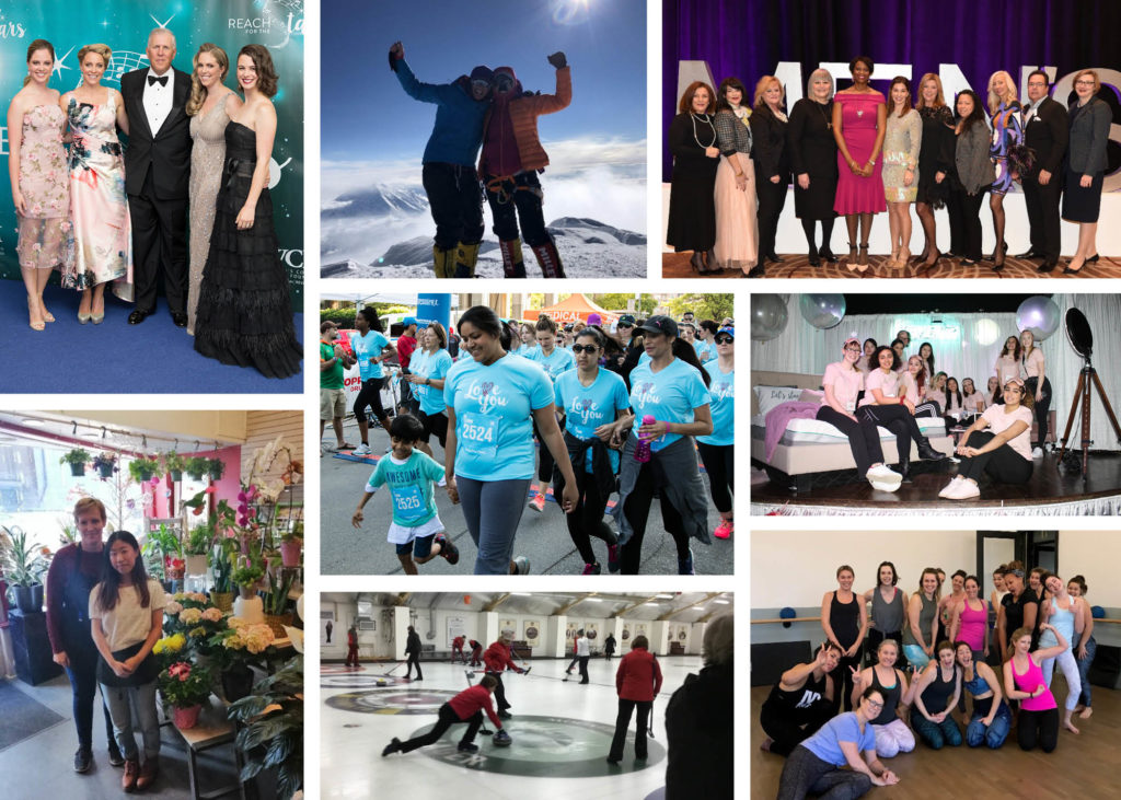 A collage of people from various fundraising events (a gala, a mountain climb, a flower shop, a curling event, a walk, a fitness studio)